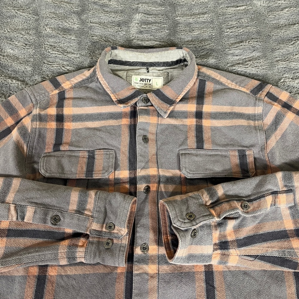 Jetty Mens Large Gray Orange Plaid Flannel Long Sleeve Button Down Work Shirt